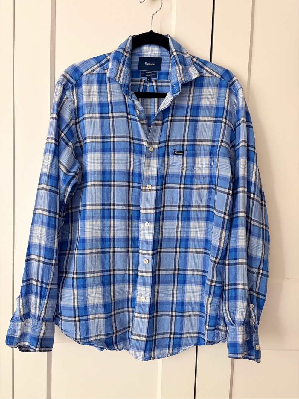 Faconnable Deauville Linen Blue Plaid Button-Down Shirt | S